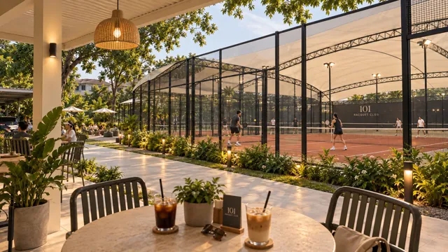 Design concept of a shaded courtside table with drinks