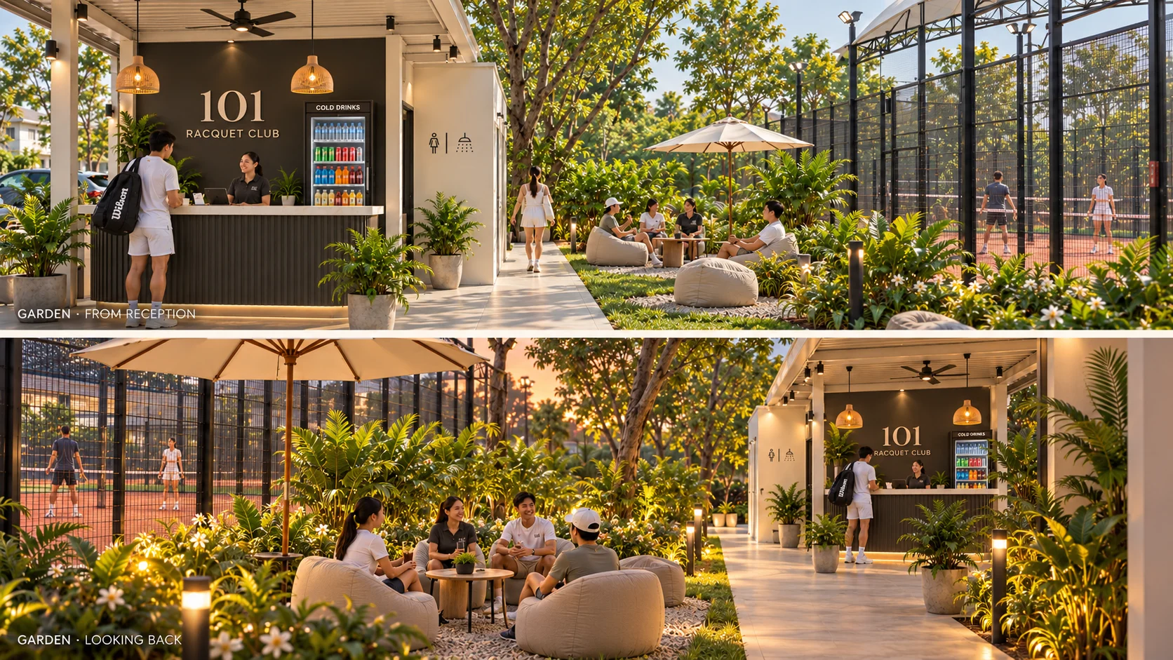 Cosy courtside garden with beanbags, umbrellas, mature trees and warm lights