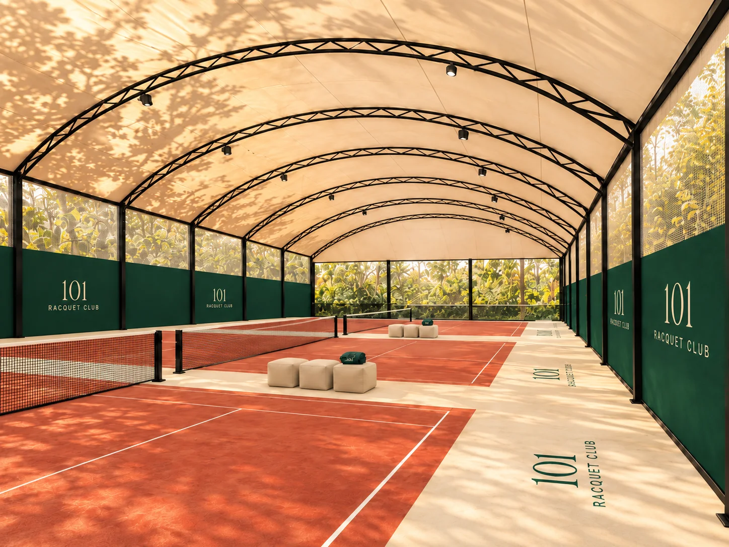 Approved design concept of terracotta tennis courts, ivory canopy, green walls and cream bean bags at 101 Racquet Club