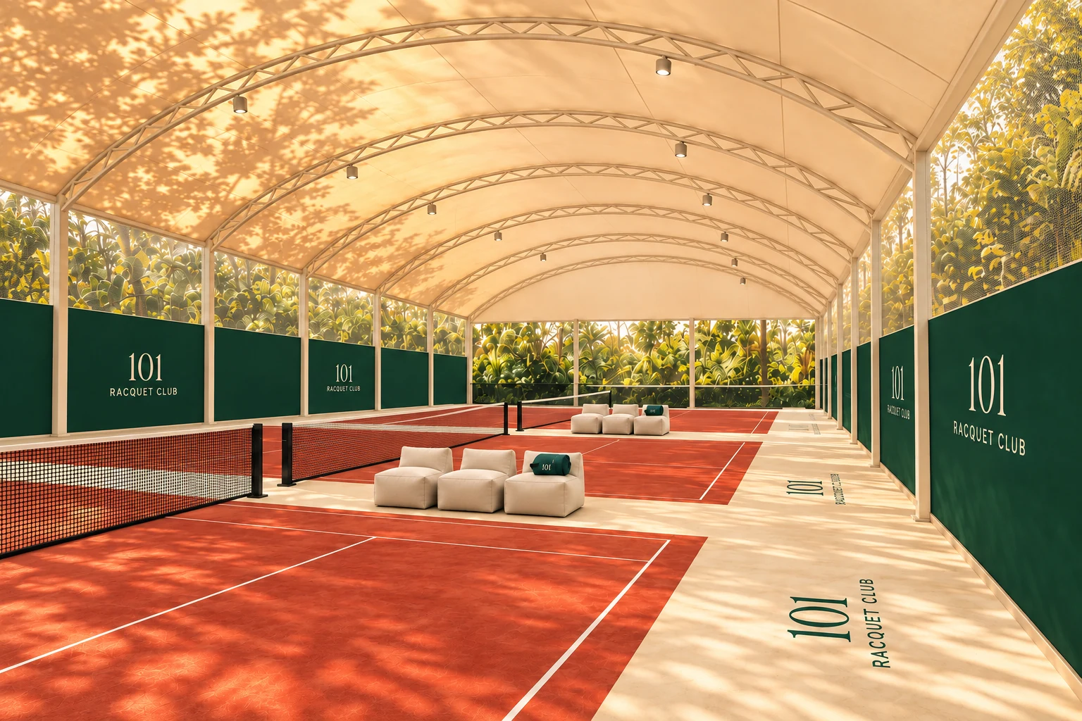 Approved design visualization of the terracotta tennis courts with ivory canopy and cream bean-bag seats