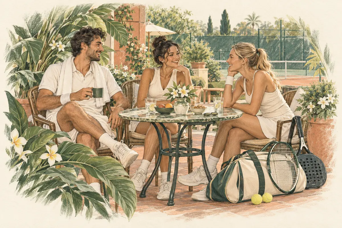 Illustration of friends relaxing together after tennis in a leafy clubhouse garden